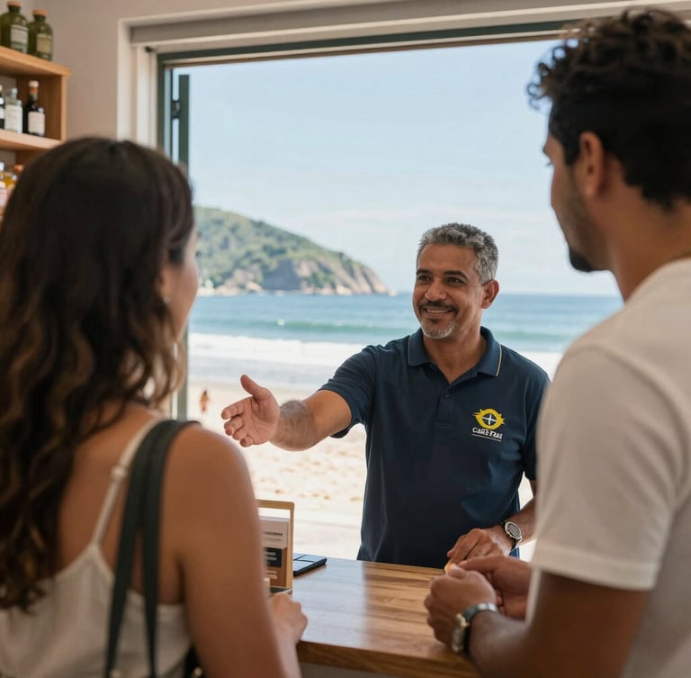 Bright environmental shot of a local Brazilian store owner welcoming a customer in Cabo Frio, natural coastal daylight, honest framing.