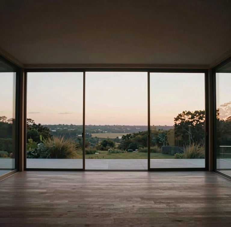 Wide-angle interior shot of a minimalist living pavilion, looking out through massive floor-to-ceiling glass to a serene landscape at twilight, soft natural lighting, straight lines.