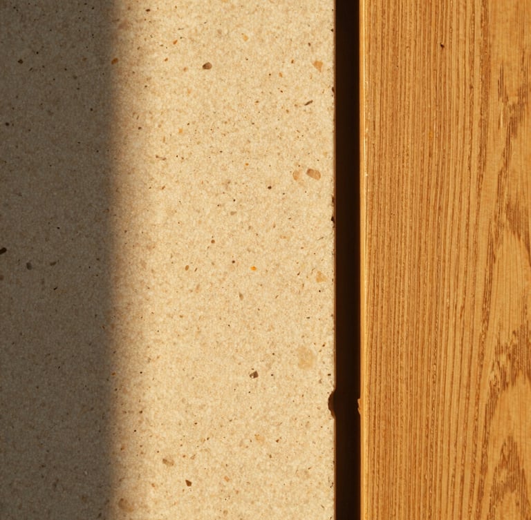 Macro texture photograph of warm, tactile travertine stone next to raw, wire-brushed oak wood. Soft golden hour light casting long, elegant shadows across the textures, medium format film style.
