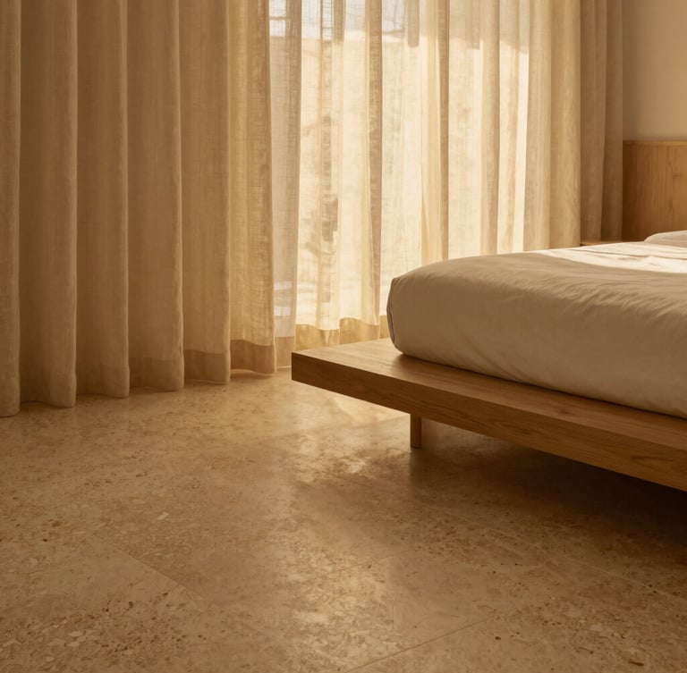 Architectural detail of a minimalist bedroom suite, warm travertine floor, a single low oak platform bed, soft golden-hour light filtering through sheer linen drapes.