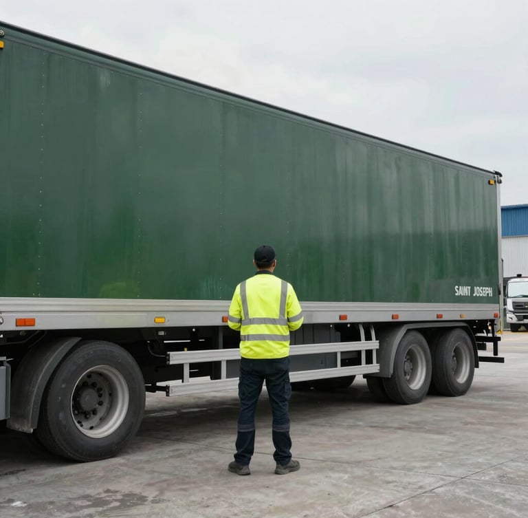 Professional logistics coordinator in high-visibility safety gear standing beside a flatbed trailer at the Saint Joseph hub, realistic grit, overcast daylight.
