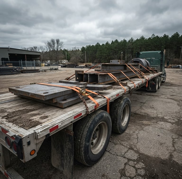Low-angle wide shot of a clean commercial flatbed trailer with heavy steel cargo secured by heavy-duty orange straps, overcast Michigan daylight, desaturated steel and forest green tones, realistic grit