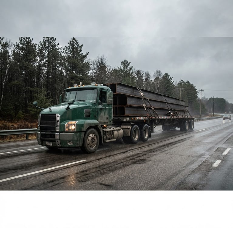 Low-angle wide shot of a loaded commercial flatbed truck hauling heavy steel beams on an overcast Michigan highway, desaturated steel and forest green tones, realistic grit