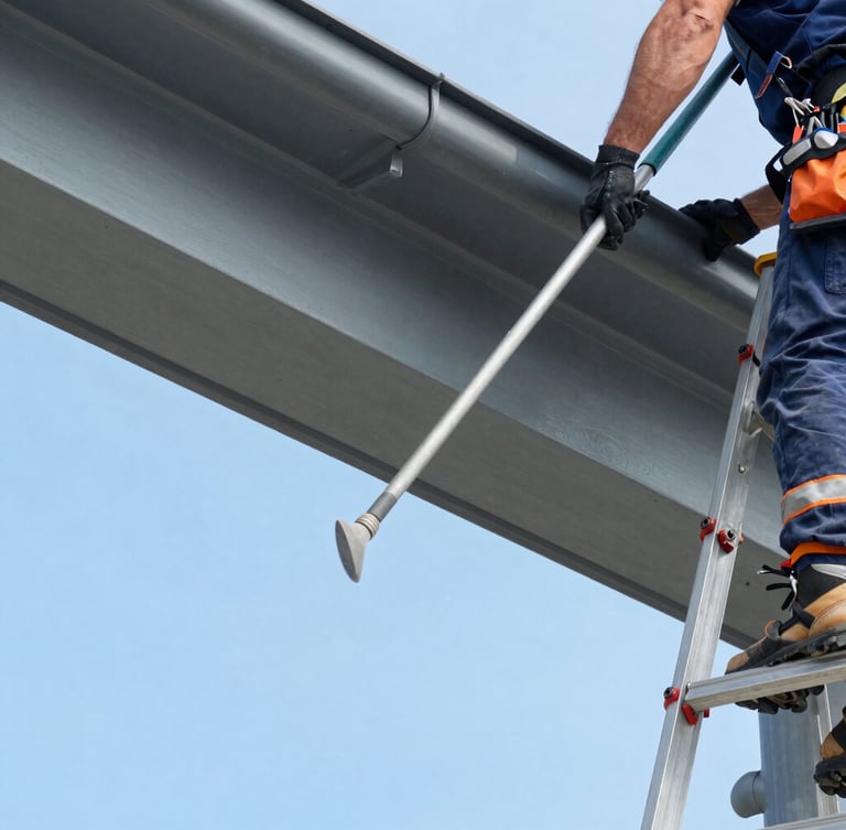 A close-up of professional gutter cleaning tools and a technician wearing safety gear on a ladder, bright natural daylight, sharp focus