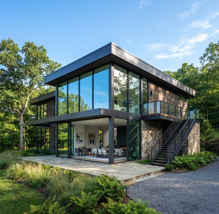 Crisp architectural photography of a modern Middle Tennessee home with expansive, sparkling clean glass windows reflecting a bright blue morning sky, 35mm lens.