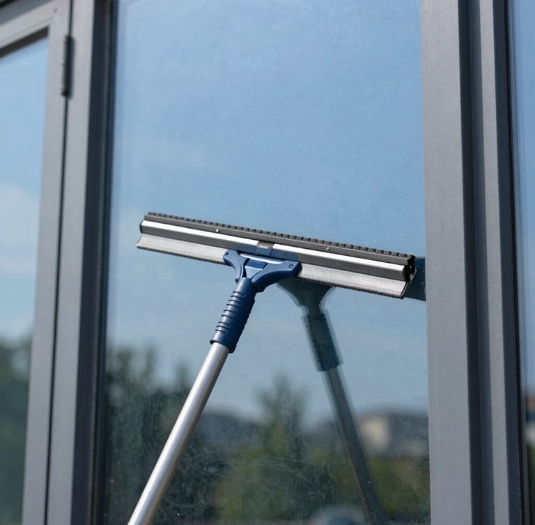 Detail shot of a professional squeegee wiping a window clean, leaving a streak-free reflection of blue sky and green trees, bright daylight, 35mm lens