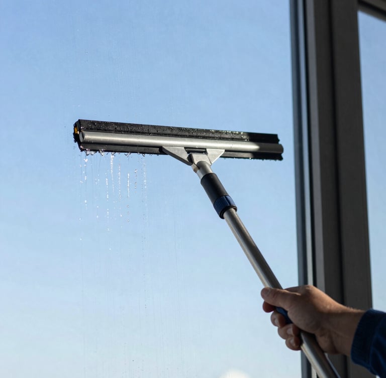 Close-up of a professional window cleaning squeegee wiping clean water off a pristine window pane, bright natural daylight, sharp focus.