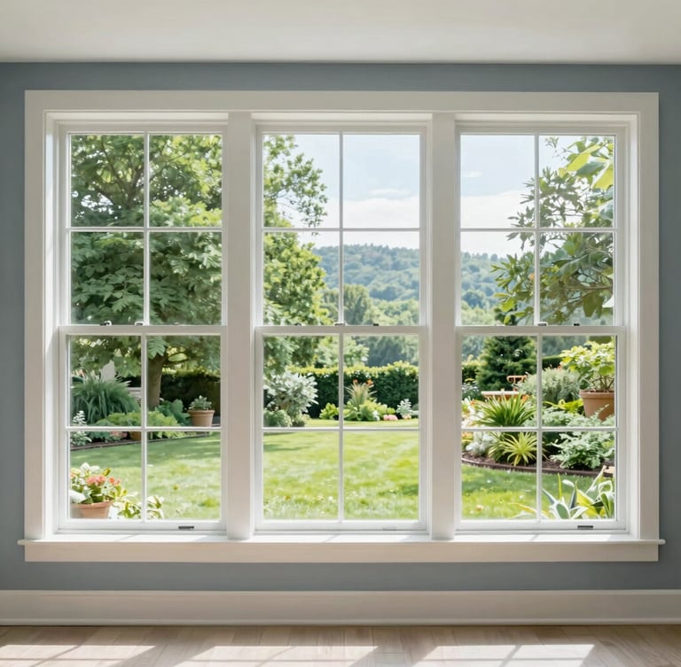 Interior view of a clean, bright living room with large, spotless windows showing a clear view of a lush green Middle Tennessee garden, soft morning light.