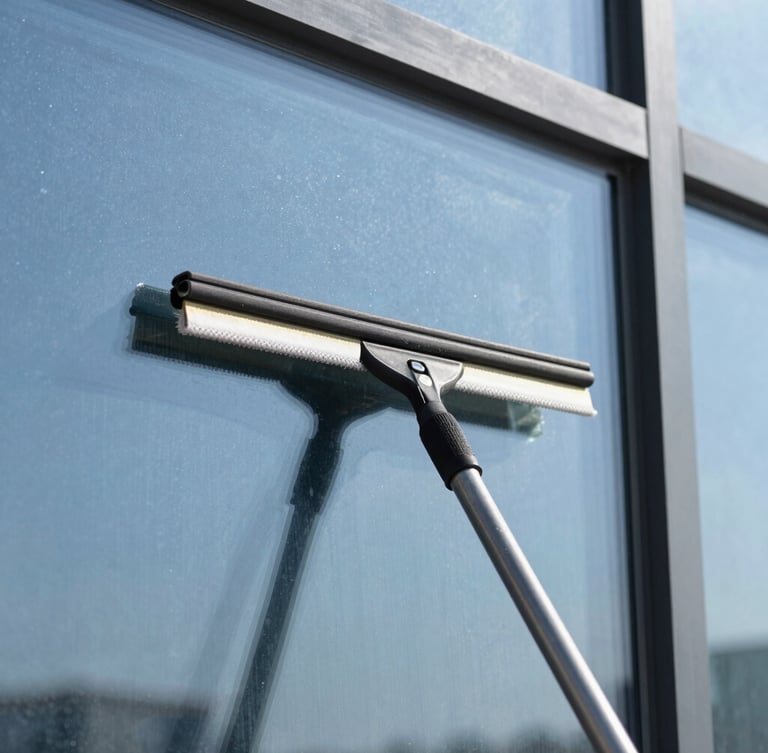 Close-up of professional squeegee cleaning a large glass window, sparkling clean glass, bright natural daylight, crisp focus