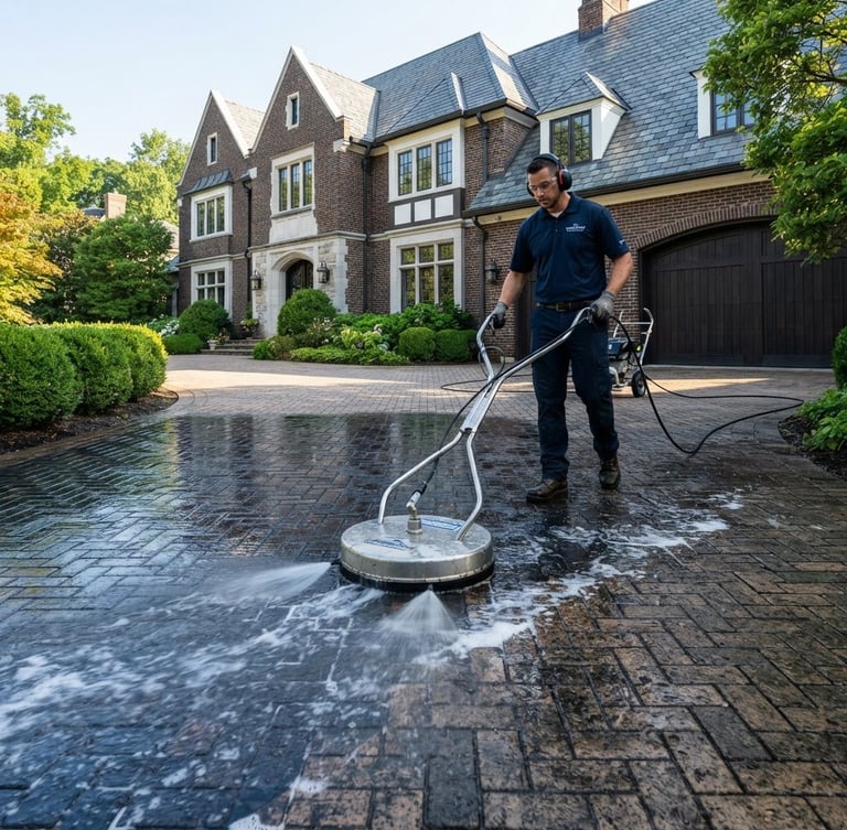 Crisp architectural photograph of a luxury brick estate driveway being professionally cleaned with specialized pressure washing equipment, bright morning light, clean water spray, sharp focus