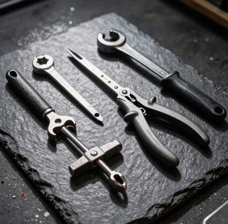 High-contrast close-up of heavy duty clean tools laid out neatly on a dark slate floor, sharp directional work light casting crisp shadows, professional industrial aesthetic.