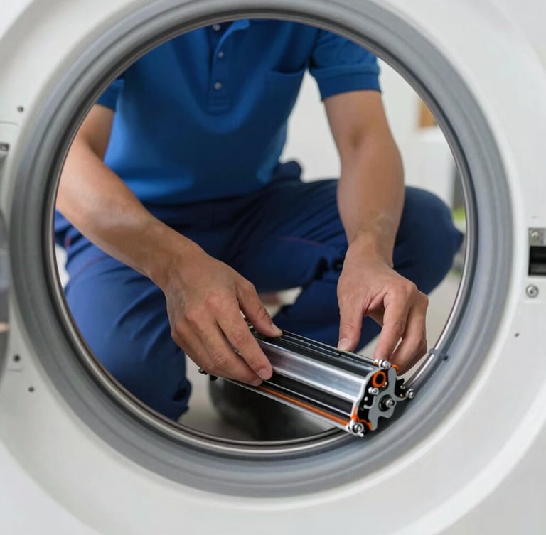 Close-up of a professional technician's hands in a clean blue polo shirt carefully installing a new genuine drum belt inside a modern washing machine, bright natural domestic light, sharp focus on tools