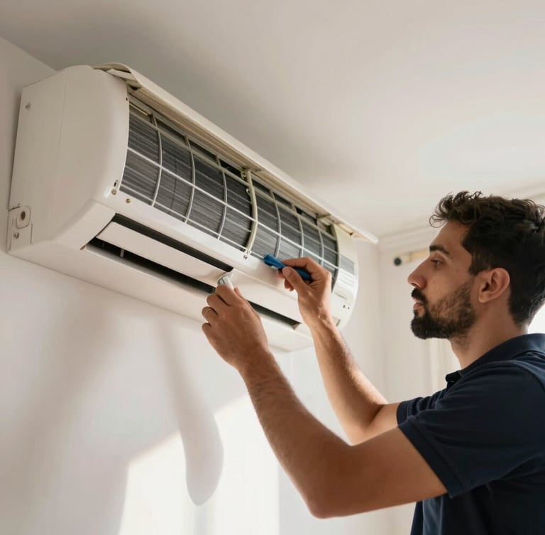 Close-up of a professional technician in a clean navy polo shirt precisely cleaning the aluminum filters of a modern wall-mounted air conditioner in a bright, sunlit Cairo living room, natural light.