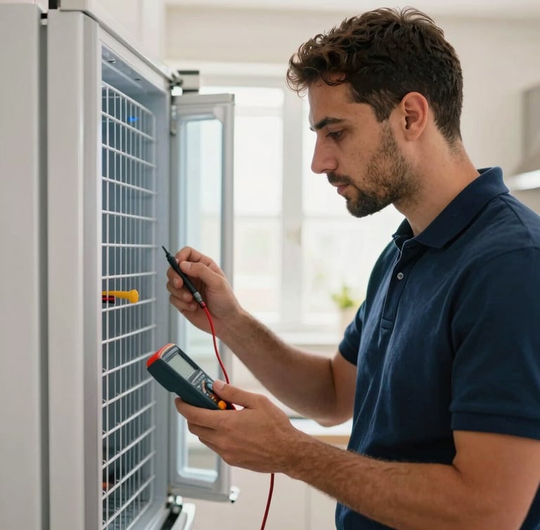Medium close-up of a professional technician in a clean navy blue polo shirt, carefully examining the cooling coils of a modern refrigerator in a bright Egyptian kitchen, holding a digital multimeter, natural window light.