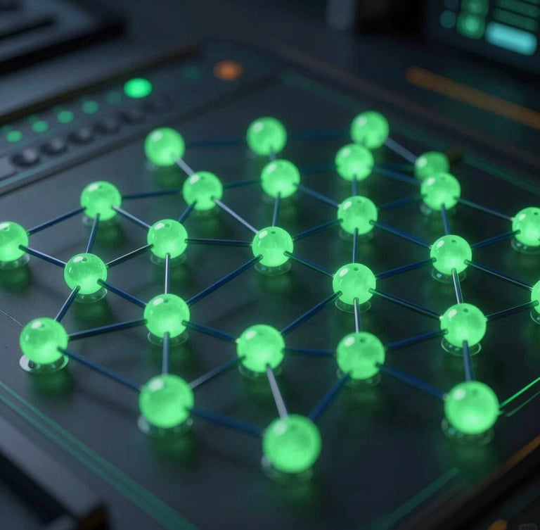 Extreme close-up of a high-fidelity 3D network architecture visualization, glowing green nodes and dark blue data lines, clean technical interface, low-key dramatic lighting.