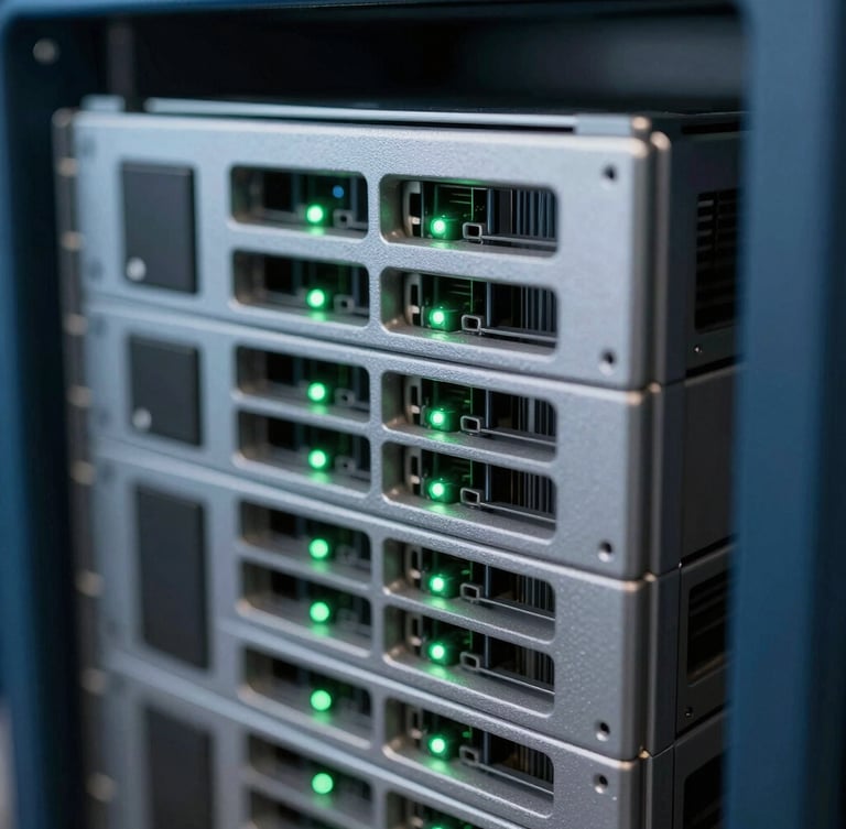 Macro close-up of high-end server rack infrastructure, cool blue and neutral gray tones with precise self-illuminating green LED lights, shallow depth of field