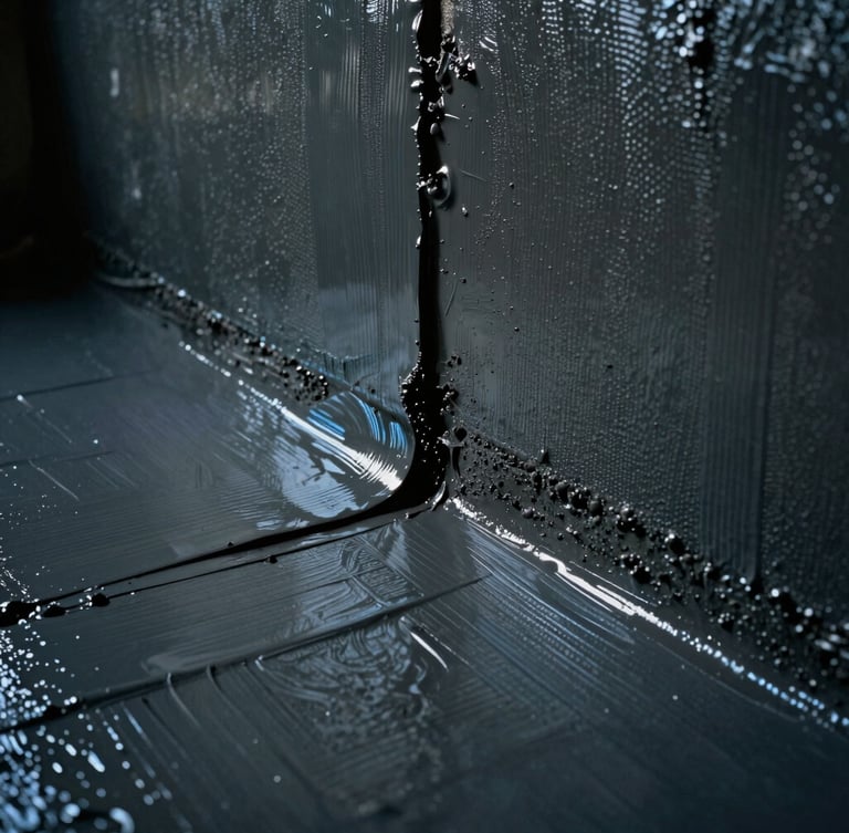 Close-up of a thick, flawlessly applied dark grey liquid waterproofing membrane being applied to a structural concrete joint, electric blue highlights reflecting off the wet surface, macro material texture, 35mm film.