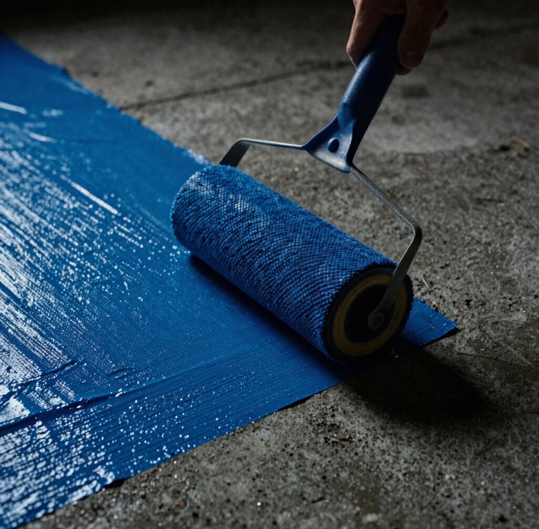 Macro detail shot of a thick blue liquid waterproofing membrane being applied with a roller on structural concrete, sharp material textures, dramatic low-key lighting.