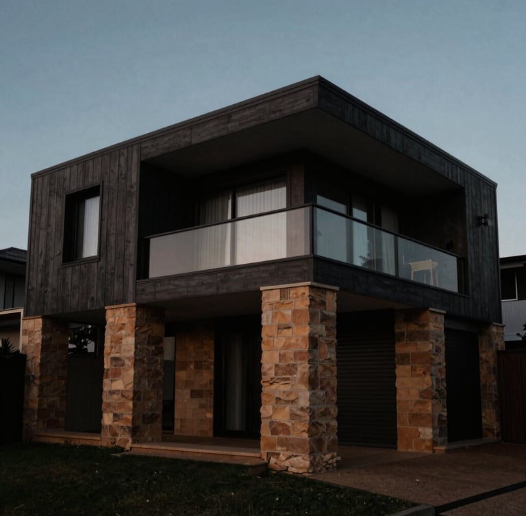 Wide-angle architectural elevation of a modern coastal home in Sydney, showing sandstone foundations protected from damp, dramatic low-key lighting, deep charcoal tones