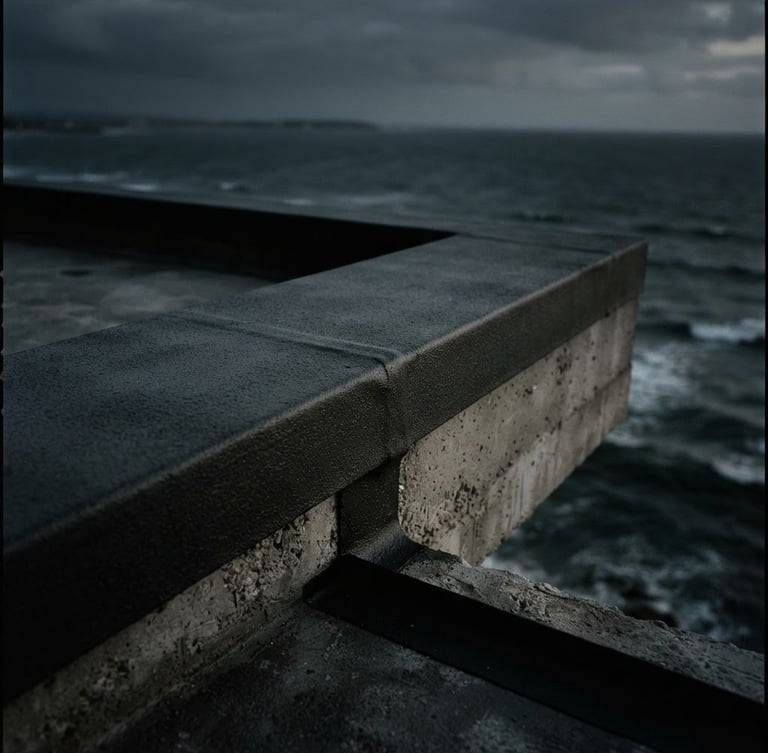 Close-up of a thick, flawlessly applied liquid membrane on a modern concrete balcony edge overlooking the ocean, dramatic low-key lighting, deep charcoal tones, sharp material textures, 35mm film