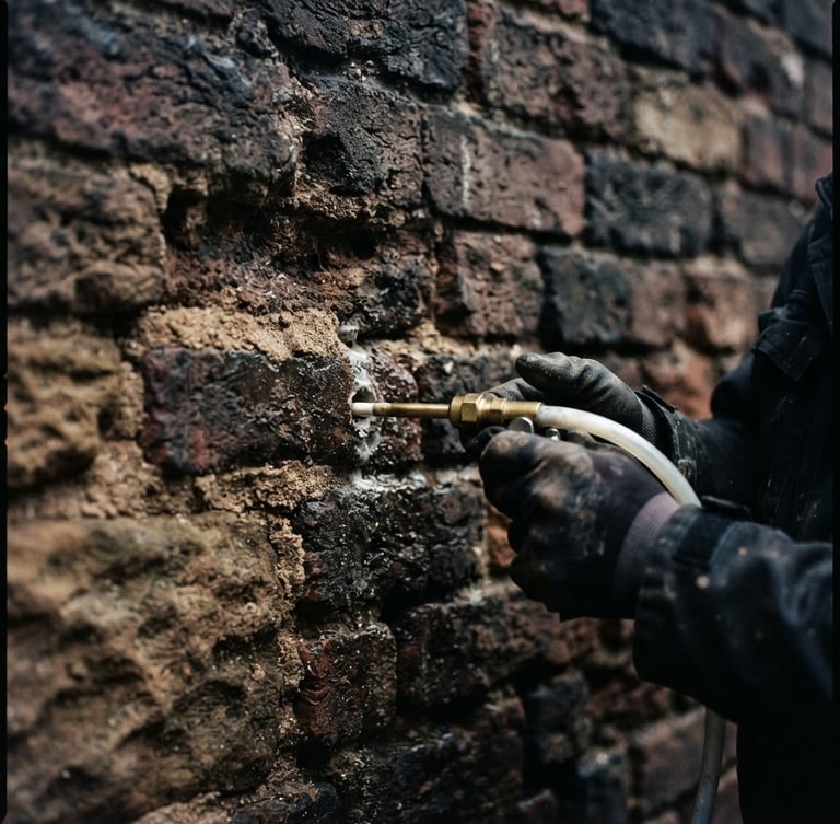 Macro detail shot of a professional injecting chemical damp-proof course into a heritage brick wall mortar joint, low-key dramatic architectural lighting, sharp textures of sandstone and brick, 35mm film