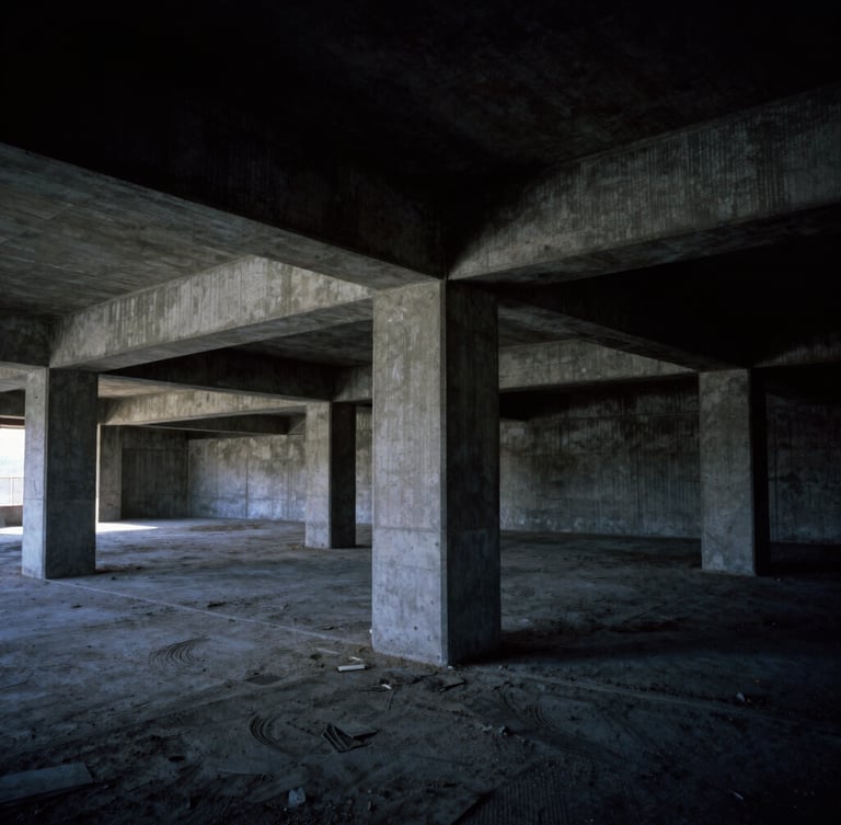 Wide-angle architectural elevation of a concrete basement sub-structure under construction, dramatic shadows, sharp material textures, dark architectural photography.