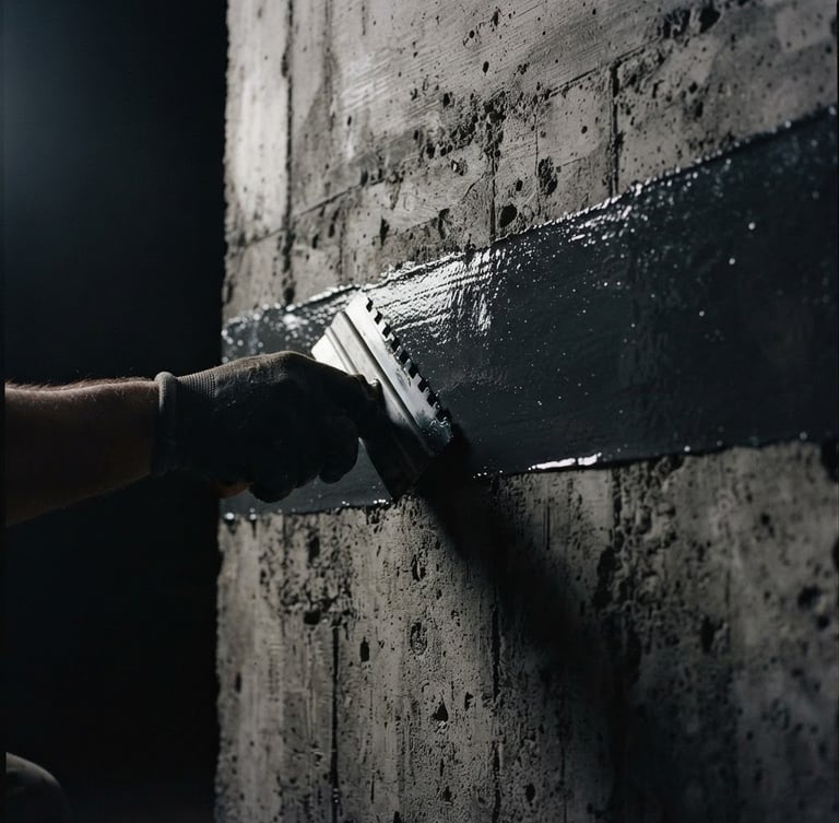 Macro detail shot of a thick, flawless liquid polyurethane membrane being applied to structural concrete, dramatic low-key architectural lighting, deep charcoal tones, 35mm film.