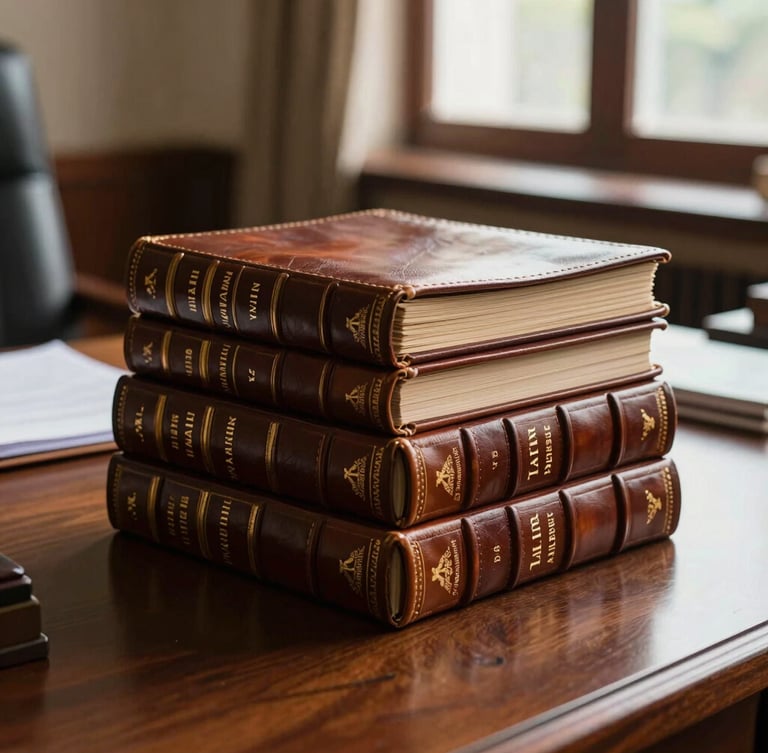 Side-lit close-up of leather-bound Indian Law Reports stacked neatly on a dark wooden desk in a professional Thrissur law chamber, natural light pouring from a window