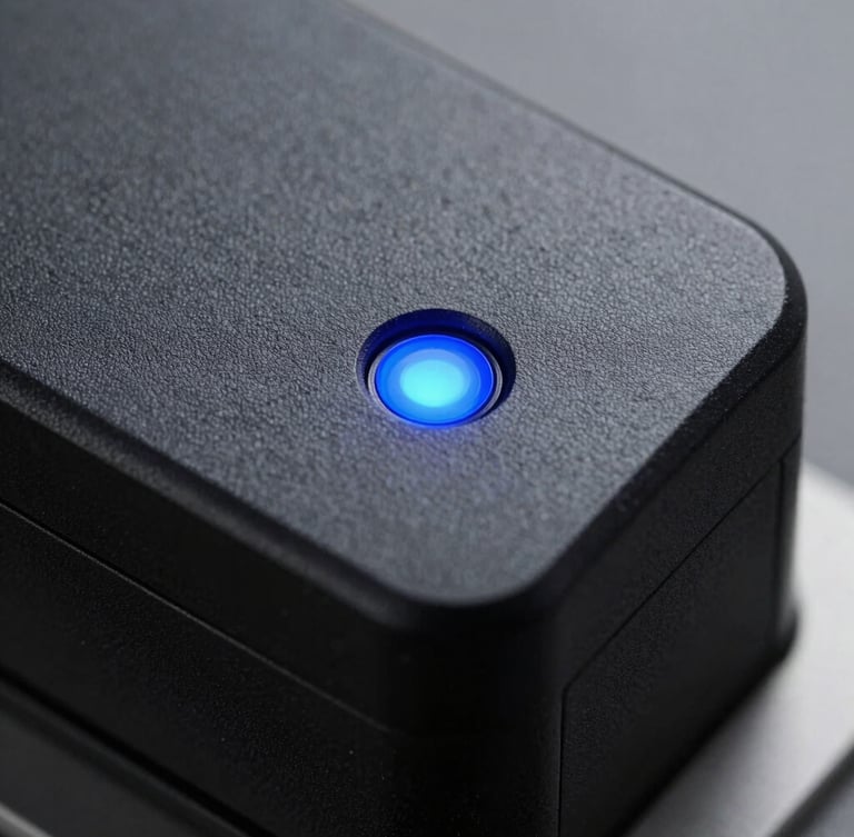 Macro close-up of an enterprise hardware security module, matte black casing with a single glowing blue status indicator, clean industrial design, sharp focus, cool studio lighting.