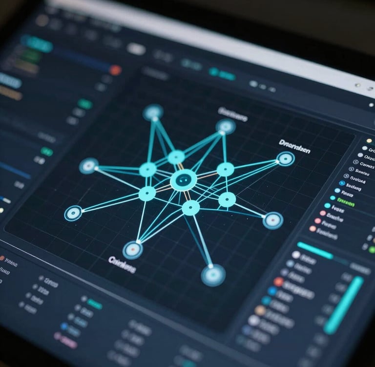 Macro close-up of a high-fidelity dark-mode enterprise AI dashboard showing neural network routing and system latency metrics, cool cyan highlights, sharp technical grid lines