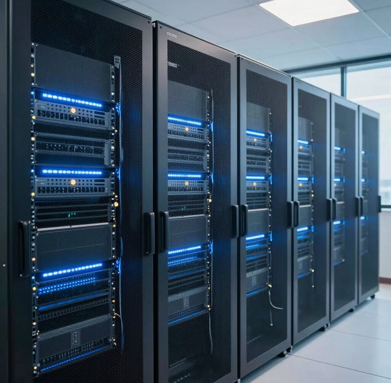 Modern server room in Mumbai with cool blue LED racks, crisp clean technical environment, sharp focus, 35mm