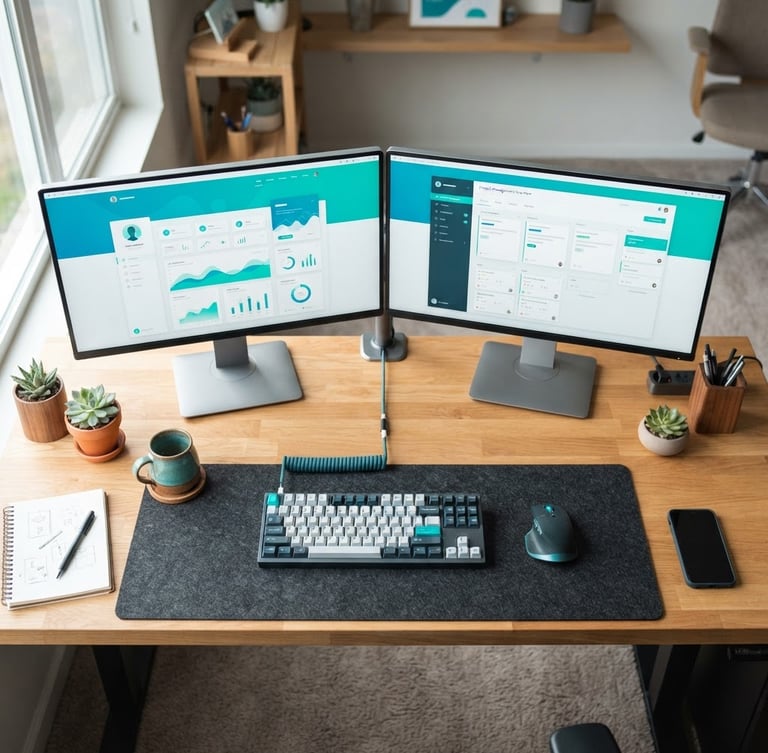 Overhead desk setup with clean website mockups on dual screens, vibrant teal accents, bright natural office light, sharp focus, 35mm