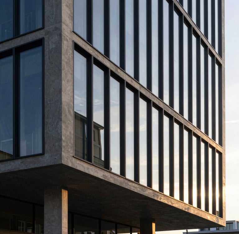 Minimalist modern concrete and glass financial building in Geneva, strong diagonal shadow lines, soft morning window light, high-end architectural editorial photography, 35mm
