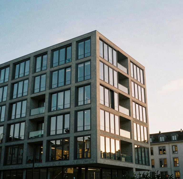 Modern concrete and glass apartment building in Geneva, sharp architectural angles, soft evening light, editorial style, 35mm