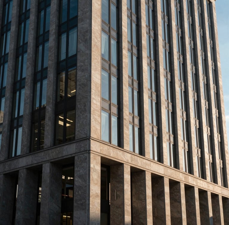 Editorial financial photography of a modern high-end office building in Geneva, clean architectural lines of glass and stone, soft natural morning light, elegant shadows, 35mm