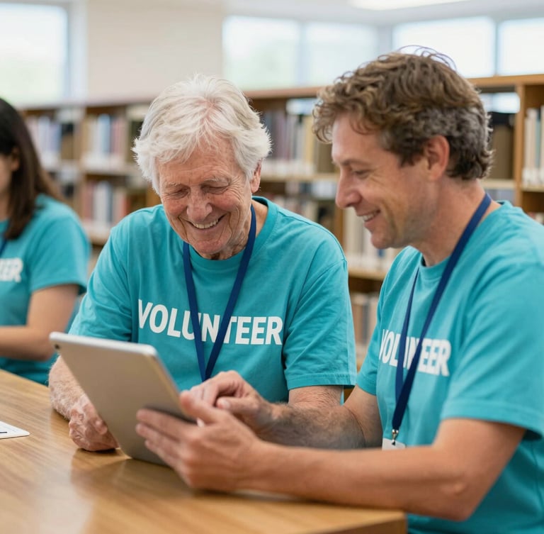 Warm editorial photography of a local volunteer helping a smiling senior use a tablet in a bright Colorado library, soft natural daylight, shallow depth of field, 35mm