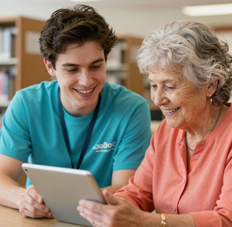 A warm close-up of a young volunteer patiently guiding an elderly woman on a tablet, both smiling in a bright Colorado public library
