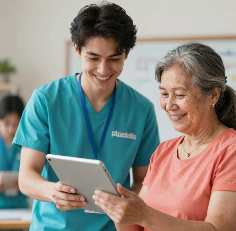 A warm portrait of a smiling young volunteer guiding an older woman as she happily uses a tablet, soft natural light, shallow depth of field.