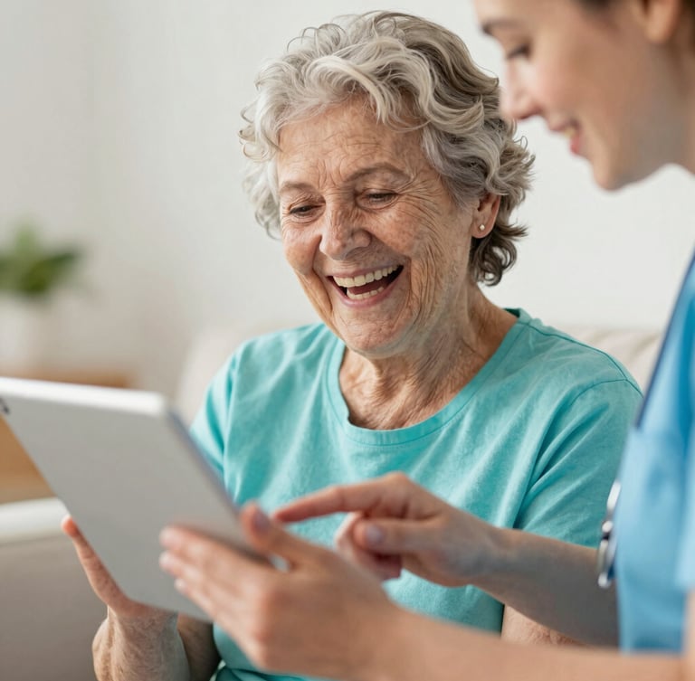 A close-up shot of an elderly woman laughing and holding a tablet, with a younger volunteer guiding her hand gently, soft focus, bright warm indoor lighting, joyful expression.