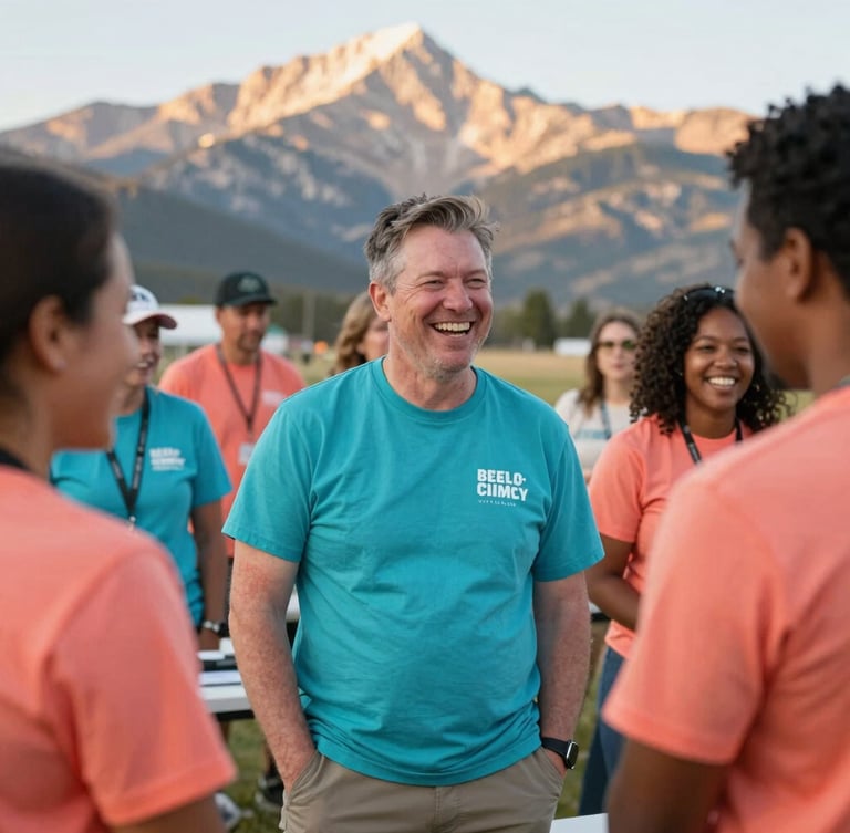 Candid medium shot of a diverse group of Colorado volunteers laughing together during an outdoor community technology workshop, backdrop of sunny Colorado mountain peaks, warm editorial photography