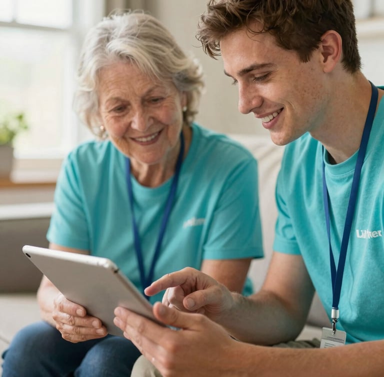 Warm close-up of a friendly young volunteer in a turquoise shirt sitting next to a smiling senior woman, patiently showing her how to use a tablet in a sunlit Colorado living room, soft depth of field.