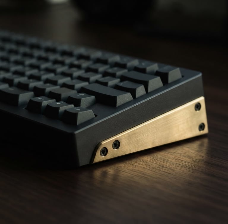 Dramatic side profile of a heavy charcoal aluminum keyboard chassis with a solid brass weight, resting on a dark desk, low-key directional window light casting rich shadows, macro lens, shallow depth of field