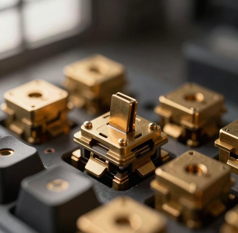 Macro close-up of a mechanical keyboard switch undergoing a mechanical pressure test, warm brass tones, technical laboratory environment, moody directional lighting, shallow depth of field
