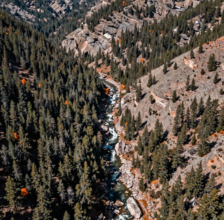 Overhead drone-style perspective of a rugged Colorado river valley cutting through a pine forest, sharp daylight, desaturated earth tones.