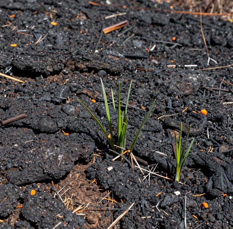 A close-up of early native green shoots emerging from dark charred soil in a Colorado burn scar, crisp natural mountain daylight