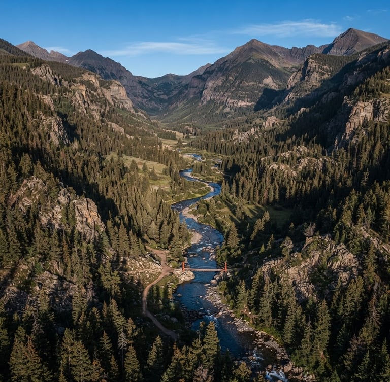 Overhead drone perspective of a rugged Colorado mountain river valley cutting through a pine forest, crisp morning light, high-contrast topography.