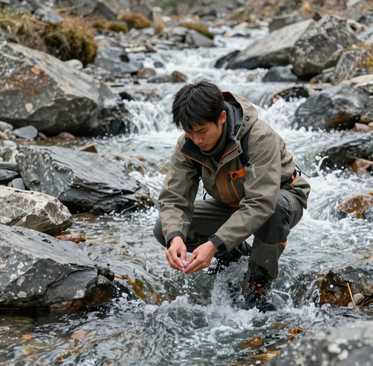 Field scientist in rugged gear collecting a water sample from a rushing high-altitude mountain stream, slate gray rocks, natural light