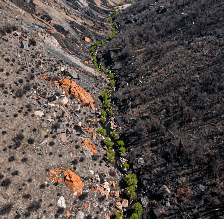 Overhead drone perspective of a rugged Colorado mountain watershed showing early native green regrowth emerging from a post-wildfire burn scar, crisp high-altitude daylight.