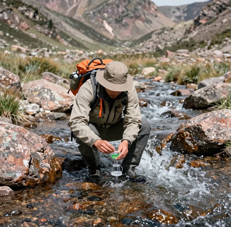 A field scientist in rugged gear collecting water quality samples from a rushing Colorado mountain stream, high-altitude daylight, desaturated earth tones.