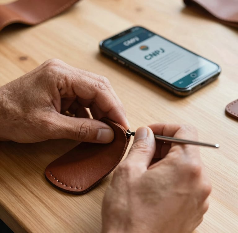 Close-up of hands of a Brazilian artisan crafting leather goods on a clean wooden table, with a smartphone in the background displaying an active CNPJ certificate, warm natural morning light.